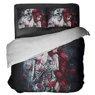 欧美风印花三件套玫瑰外贸骷髅3d印花套件跨境床品一件来图