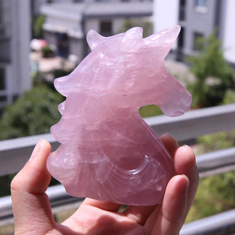 天然水晶独角兽创意原石雕刻粉晶马头手工家居摆件创意家居