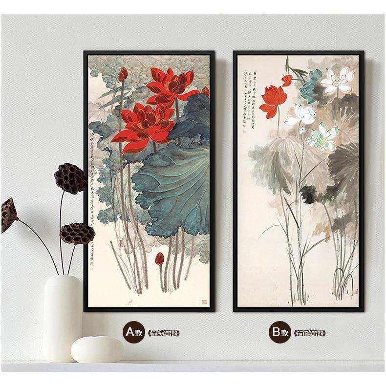 圣仕 新中式玄关装饰画现代书房客厅餐厅走廊荷花挂有框画张大千