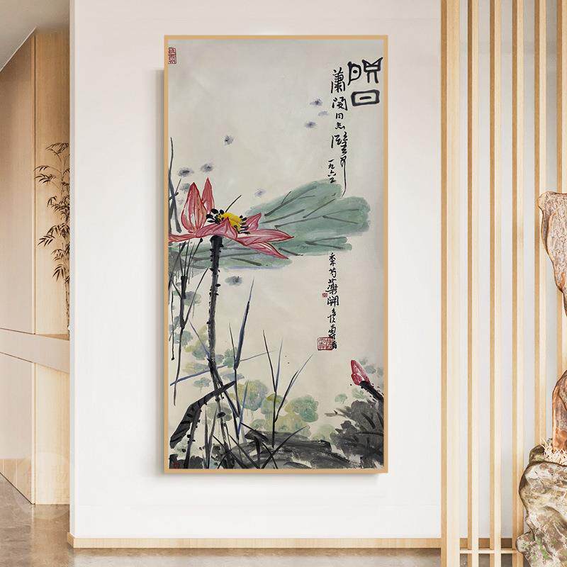 纯手绘玄关装饰画荷花油画新中式挂画走廊过道书房禅意简约抽象画