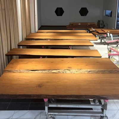 缅甸瓦城柚木大板实木茶桌侘寂风原木办公书桌别墅中古风岛台餐桌