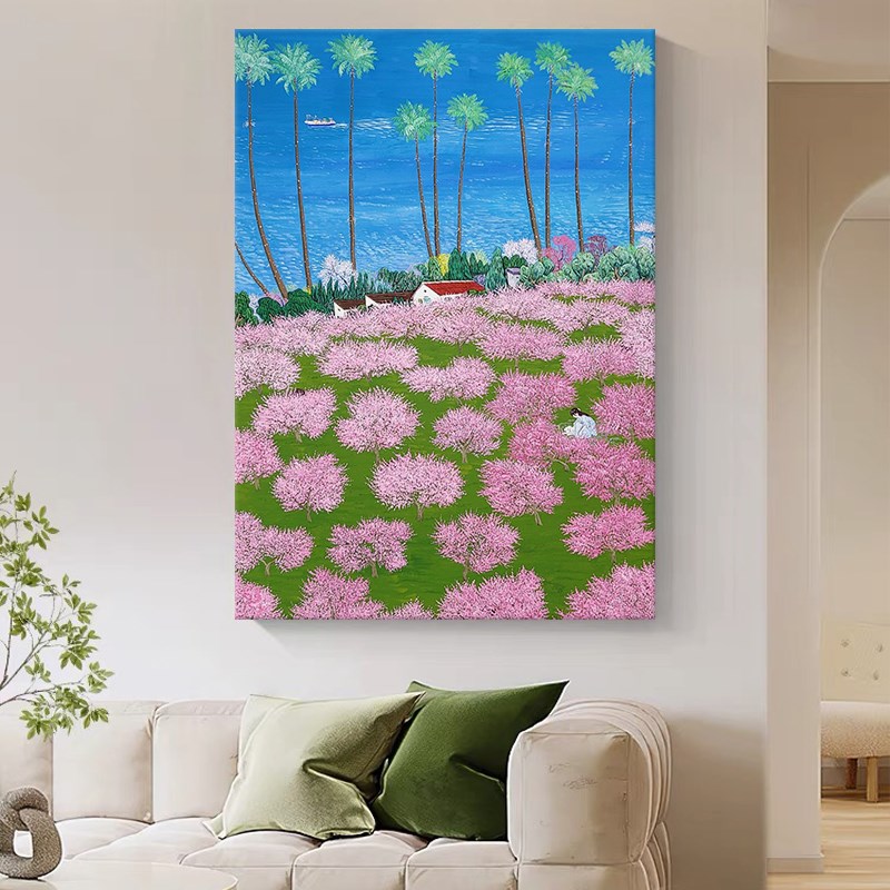 奶油风粉色花卉手绘油画客厅装饰画椰子树风景沙发背景墙玄关挂画图片