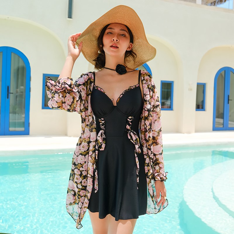 大码泳衣女胖mm200宽松连体裙式温泉钢圈防晒温泉罩衫两件套泳装