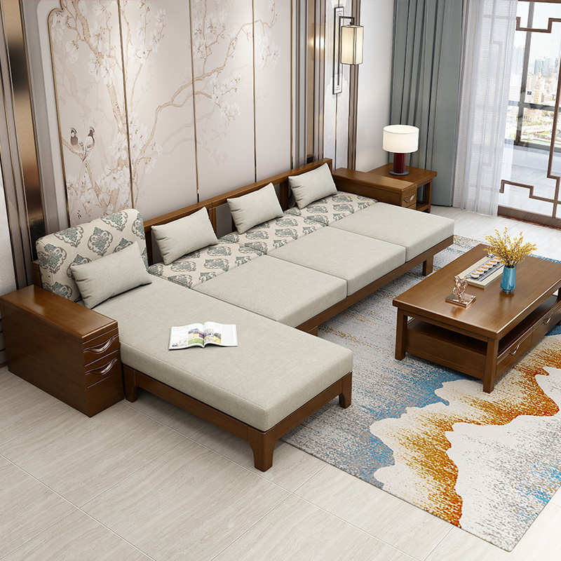 实木沙发组合可拆洗客厅家具简约现代储物带拉床转角中式布艺沙