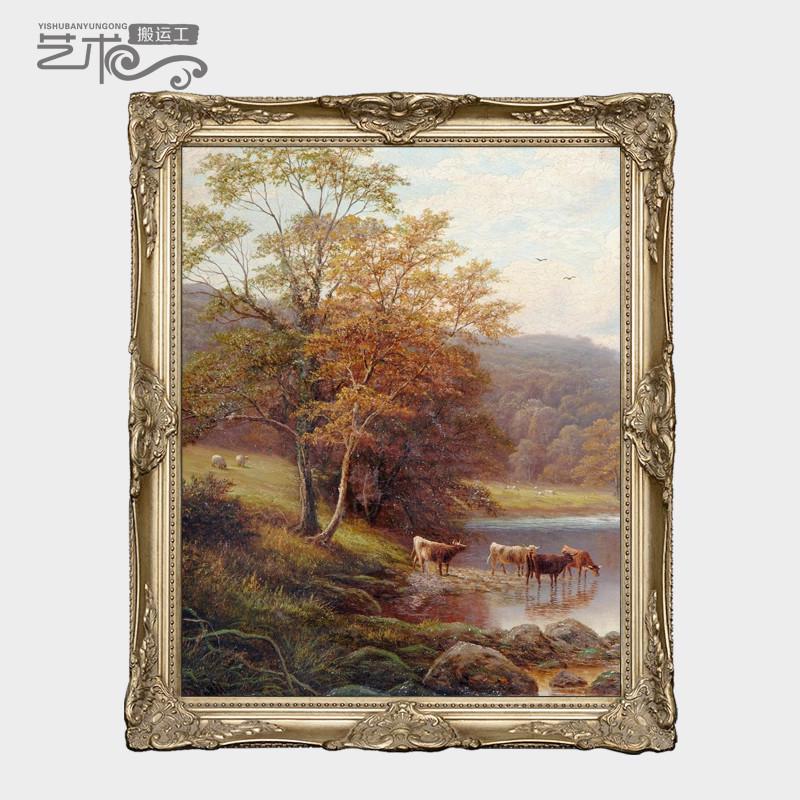 世界名油画欧式手绘古典牛羊动物风景客厅玄关壁炉竖版装饰挂530图片