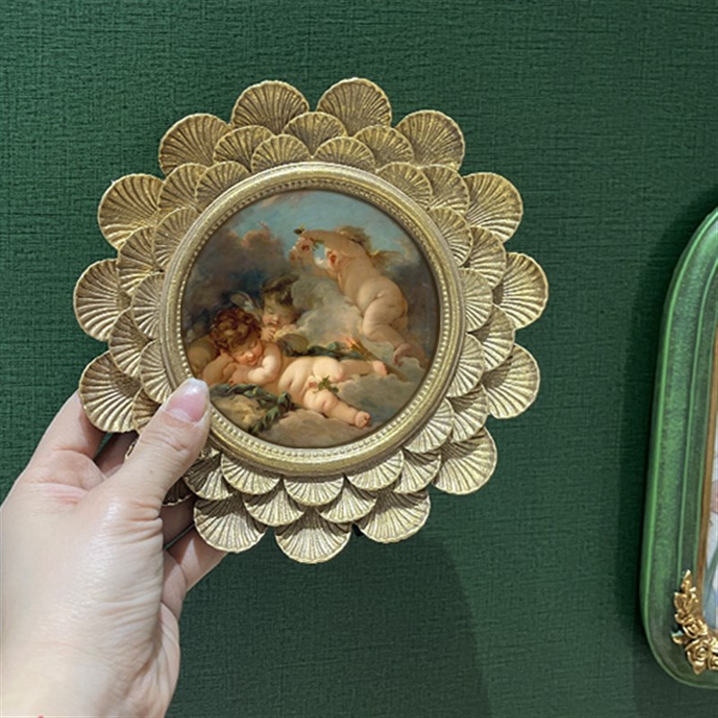 法式中古相框装饰画花卉天使圆形花瓣卧室小众挂画床头美式雕花图片