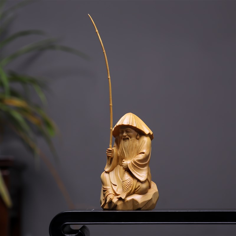 正宗小叶黄杨手工木雕老人渔翁得利满载而归工艺品摆件家居装饰品