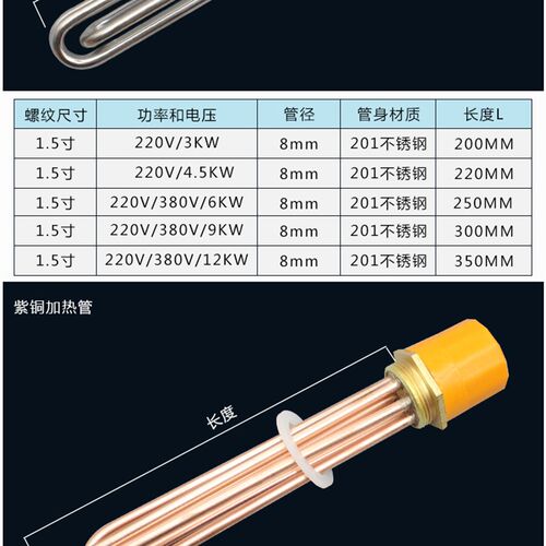 一寸半DN40空气能太阳能工程水箱电热管锅炉电加热管 220V 380V