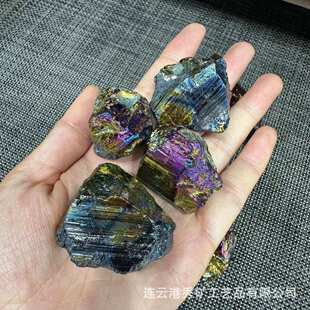 天然黑碧玺电镀七彩原石 家居摆件饰品电镀七彩原石碎石