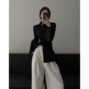 春季酷飒御姐风高级感时尚套装女炸D街喇叭袖衬衫白色阔腿裤两件