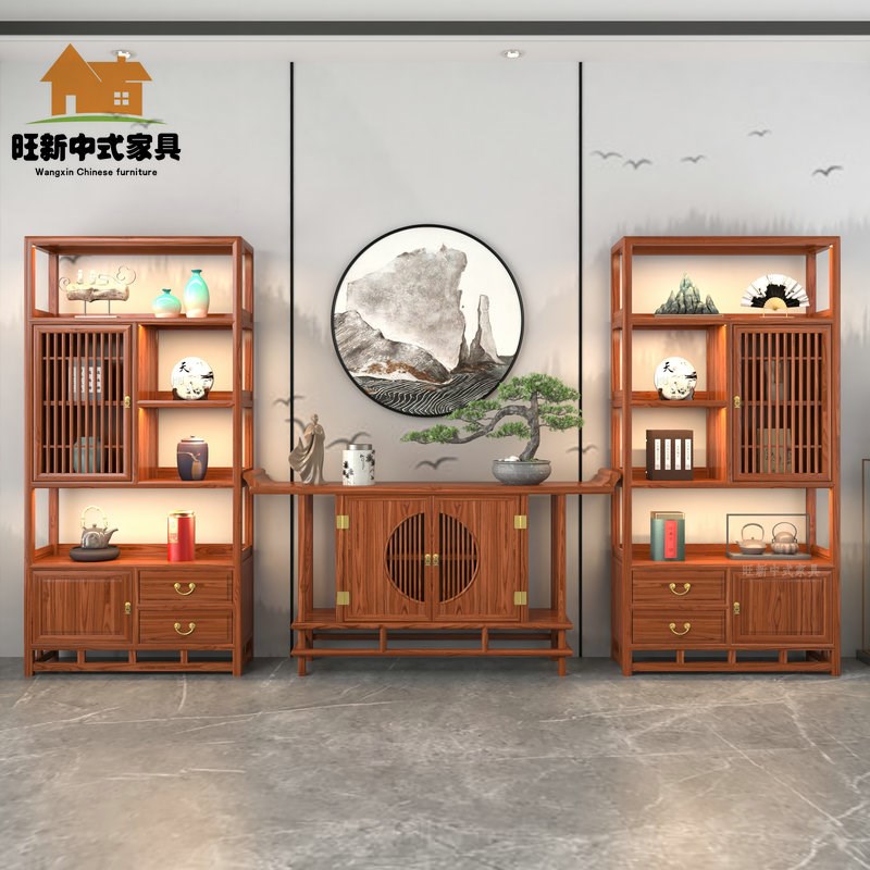 博古架实木中式茶室置物架展示柜茶台背I景柜玄关柜茶叶茶饼柜组