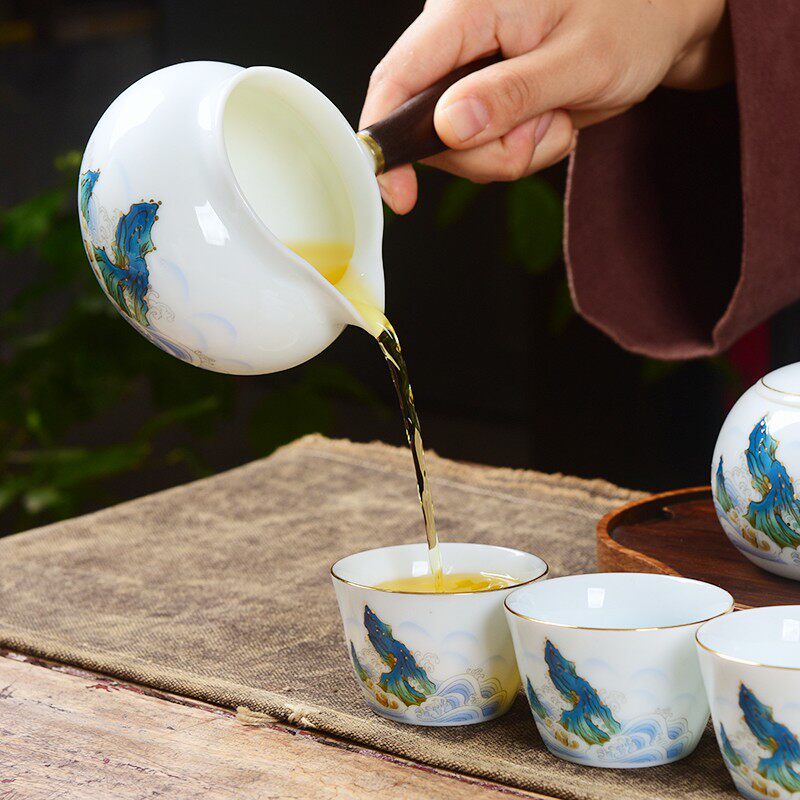 羊脂玉青白瓷侧把公n杯陶瓷公道杯功夫茶具配件家用茶水分茶器匀