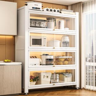 厨房玻璃收纳柜防尘钢制储物柜A带门橱柜多层家用微波炉置物架碗