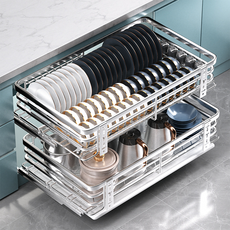 家用厨房抽拉碟盘收纳架304不锈钢抽屉式橱柜拉篮碗柜沥水置物架