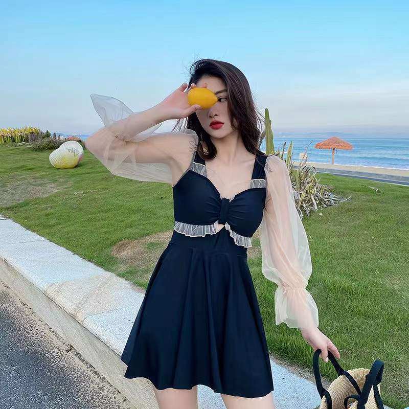 大码胖mm遮肚显k瘦无钢托黑色长袖带胸垫裙式连体仙女范保守泳衣