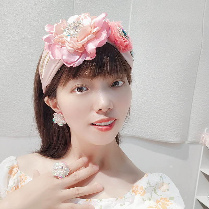 森系发饰镶钻粉色大花朵发箍女仙女发卡女压发打结水晶头箍女宽边