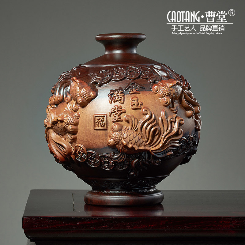 黑檀木雕装饰花瓶摆件实木质客厅家D居明清古典中式红木雕刻工艺