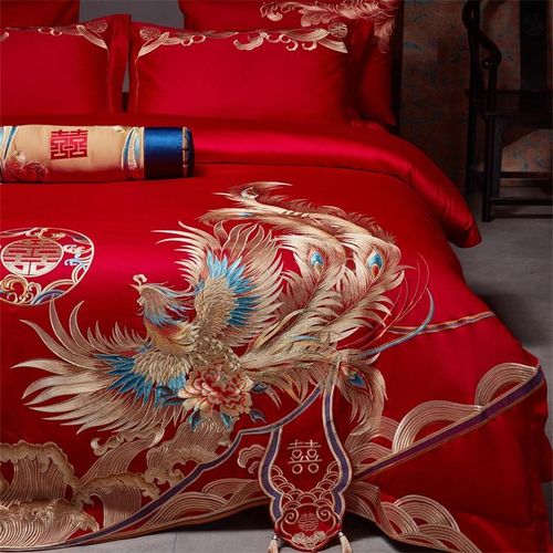 高档中式龙凤刺绣全棉100S纯棉四件套结婚红色喜嫁被套新婚庆床品