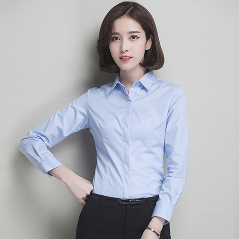 秋季职业蓝色衬衫女长袖加绒白色衬衫正装工作女士工装衬衣女秋冬