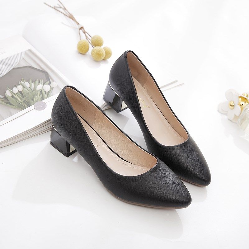 粗跟单鞋女2024春秋新款百搭浅口豆豆鞋女尖头工作鞋女黑色高跟鞋,女鞋,浅口单鞋,淘宝优惠券,粉丝福利购,淘宝优惠卷