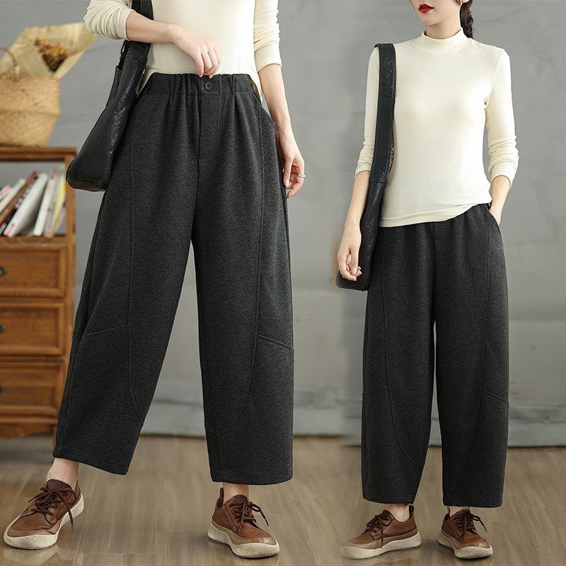 胖mm大码加厚毛呢混纺垂感阔腿裤女秋冬松紧腰直筒显瘦九分萝卜裤,女装/女士精品,休闲裤,淘宝优惠券,粉丝福利购,淘宝优惠卷