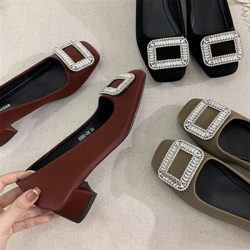 法式中高跟黑色方头水钻单鞋女鞋子2024新款秋冬季红色婚鞋晚晚鞋