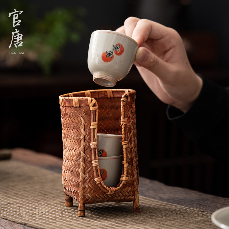 茶杯架杯篓手工收纳篓竹编茶杯y篓品茗杯收纳茶桌家用功夫茶具配