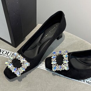 绝美彩钻方扣高跟鞋2025春季女新款气质法式方头职业浅口单鞋中跟