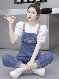 2024夏季薄款牛仔背带裤套装女减龄小个子网红工装设计感连体长裤