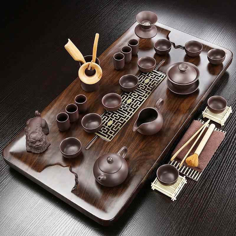 87N实木茶盘排水式整套功夫家用办公小型茶台陶瓷茶具茶海套装茶