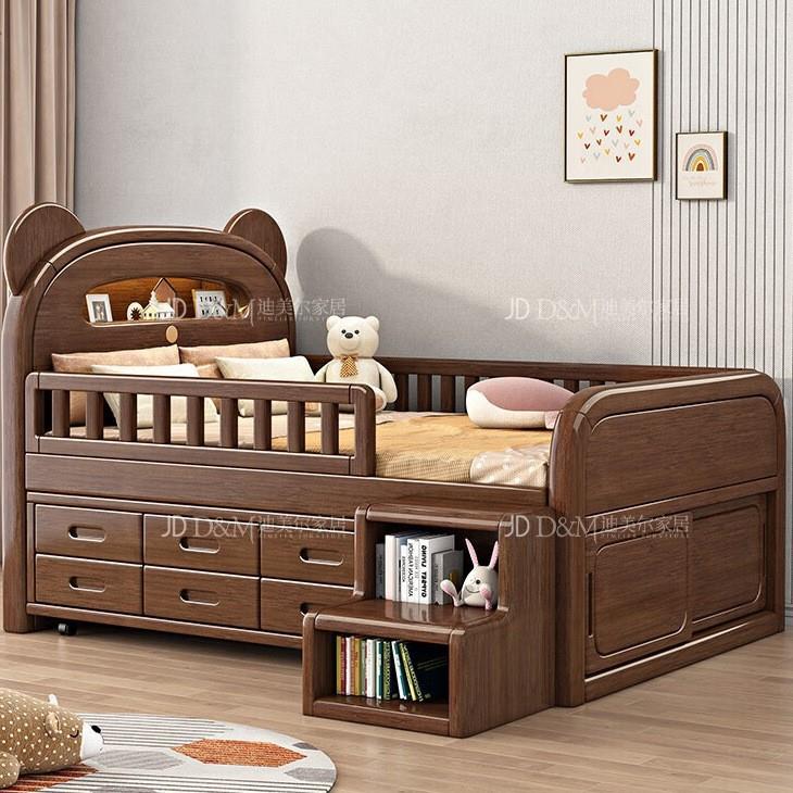 实木儿童床胡桃木半高床男孩护栏女孩房间收纳多功能小户型带灯光