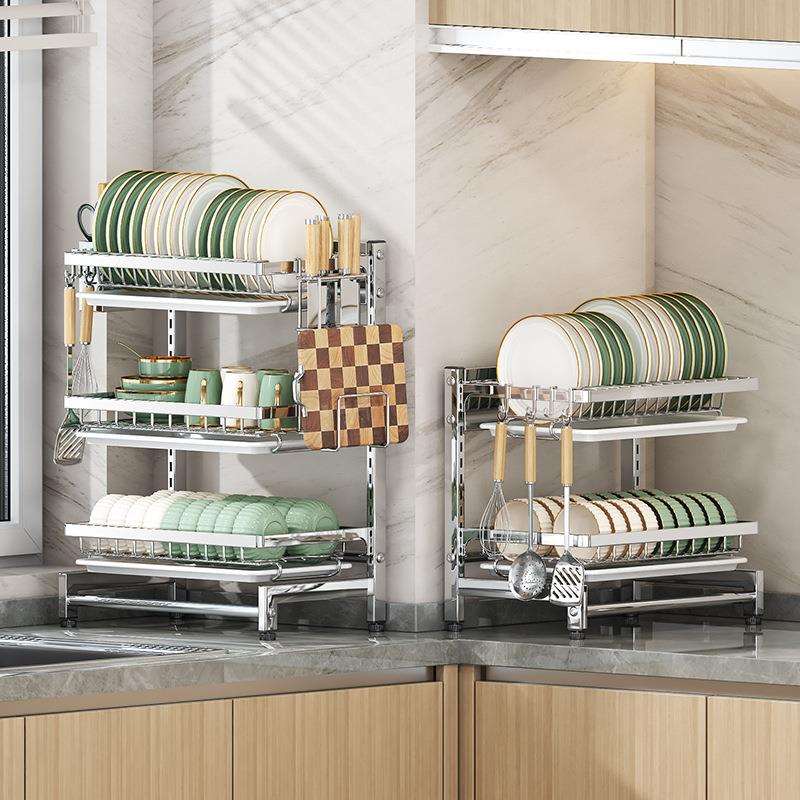 跨境不锈钢厨房碗架沥水收纳架多功能台面放碗放筷盘碟置物篮碗柜