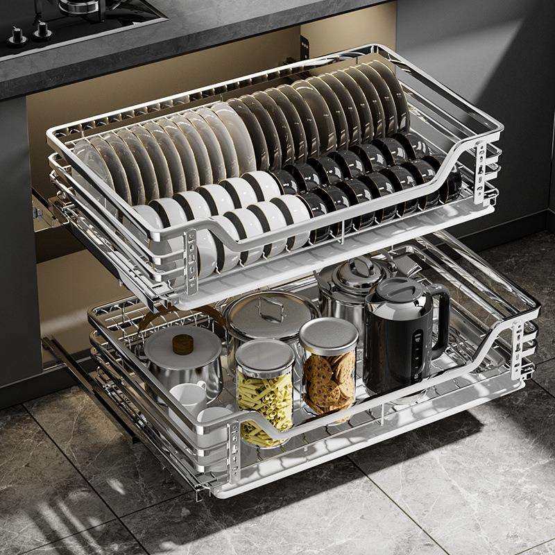 厨房拉篮橱柜304不锈钢双层抽屉式碗篮架收纳调味篮抽拉式碗碟架,电子元器件市场,其它元器件,淘宝优惠券,粉丝福利购,淘宝优惠卷