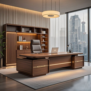 新中式美学实木大班台办公桌储物柜简约高端老板桌办公室总裁桌