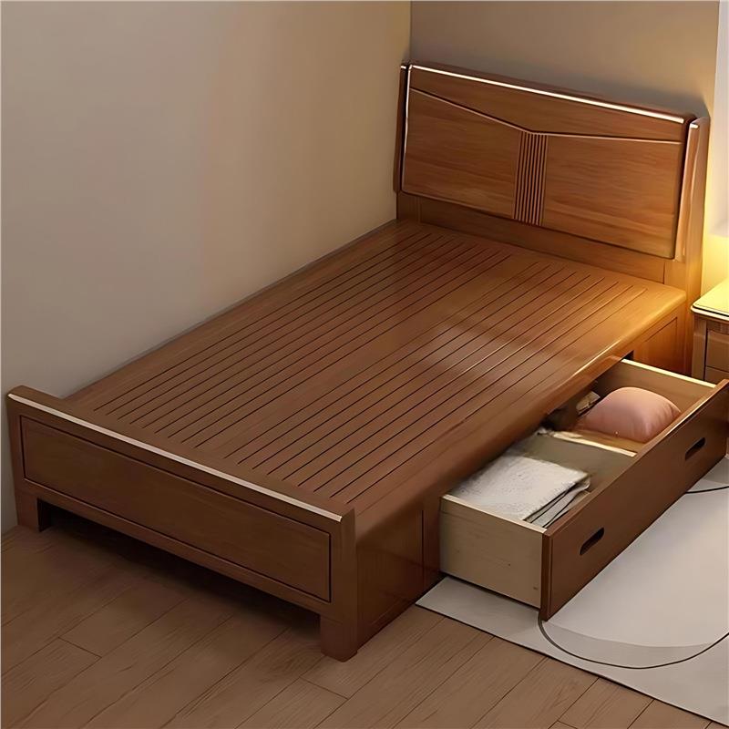 lw0加厚胡桃色实木床1m小户型单人床高箱储物床1.2m儿童床1.5m家