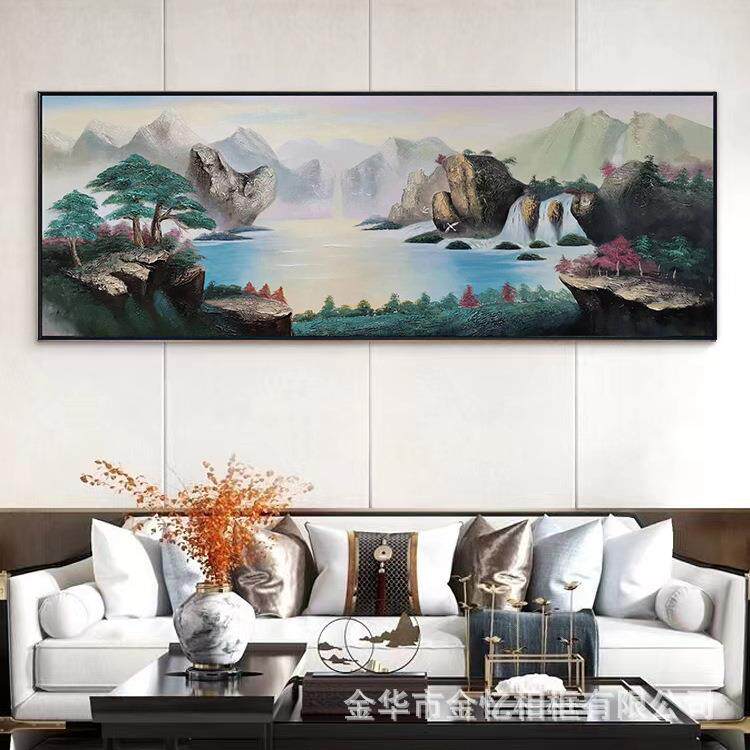 纯手绘聚宝盆新中式装饰画高档风景山水挂画客厅大尺寸横幅油画