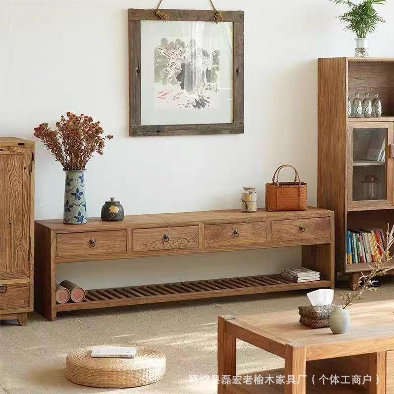 老榆木客厅小矮柜电视柜小户型新中式复古地柜储物柜墙边实木柜