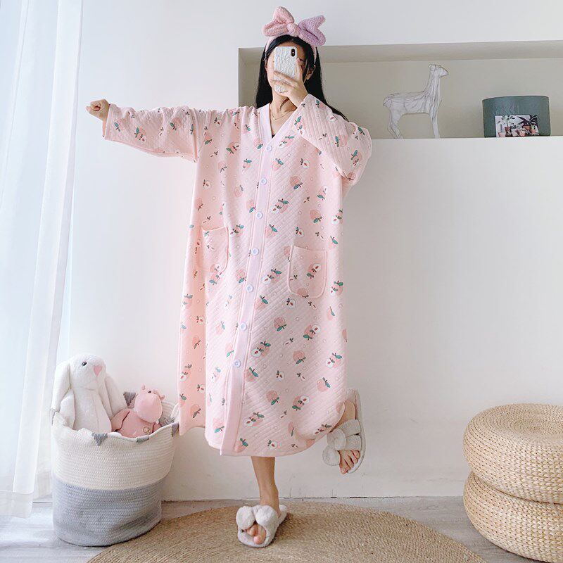 婴儿棉加厚水蜜桃开衫加长大码睡A裙胖MM200斤孕产妇秋冬三层夹棉