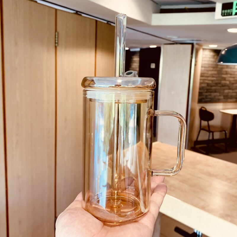 吸管玻璃杯大容量水杯女高颜值耐热防爆带刻度R把手茶杯男士杯子