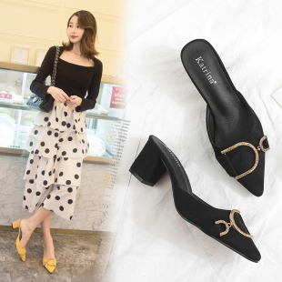 绒面中跟高跟包头半拖 网红尖头粗跟凉拖C女外穿时尚 2021春季 新款