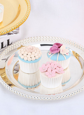 欧式简约金属蛋糕甜点滚珠西v点托盘金银双色家用客厅摆件3024