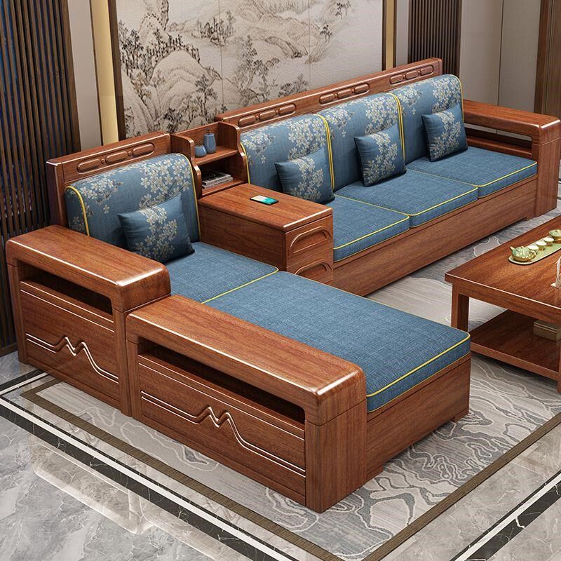 胡桃木全c实木沙发组合中式冬夏两用储物木质客厅布艺大小户型家