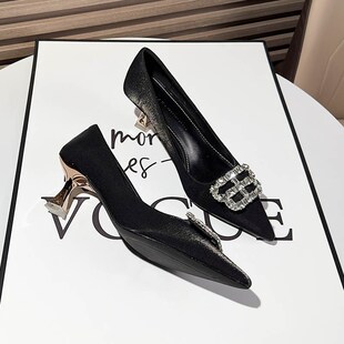 低细跟不累脚e尖头方根职业场黑色高跟鞋女2024年水钻浅口通勤单