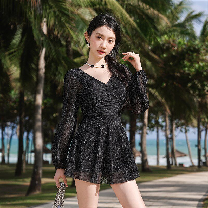 2025新款韩版黑色泳衣女连体裙式长袖防晒高级感气U质微胖大码胖m