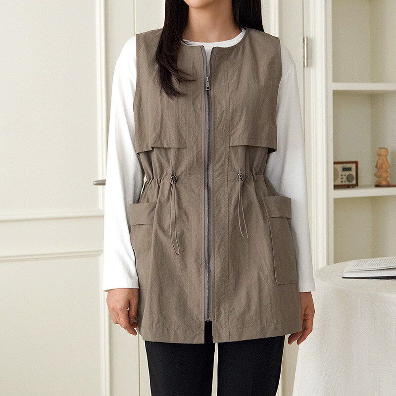 春秋马甲女式马夹收腰2024中长款新款韩版坎肩开U衫外穿宽松坎肩