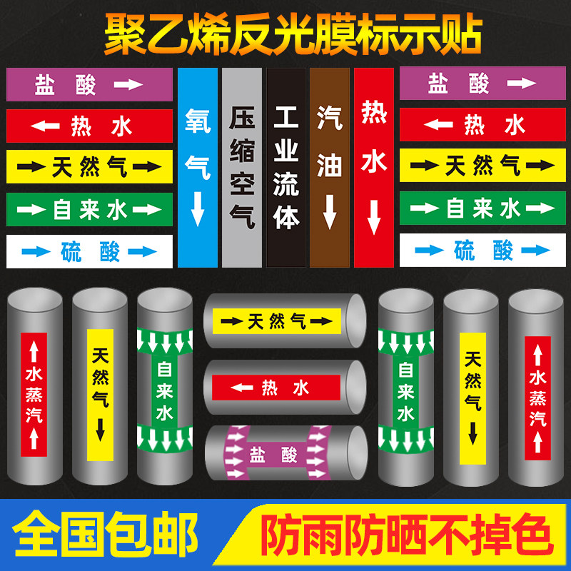 速发管道标识贴纸流向箭头化工介质流向工业管道箭头色环标签自来