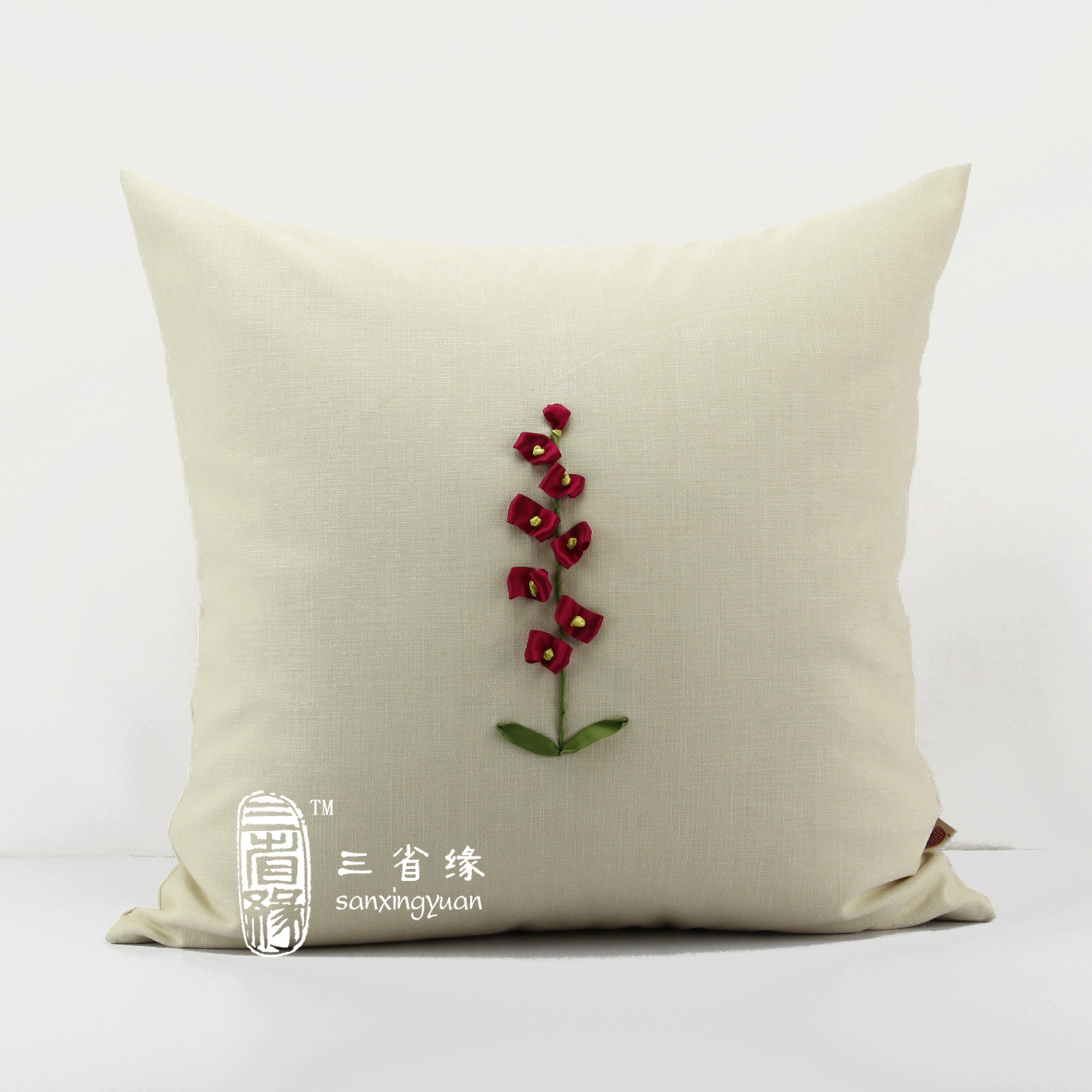 蜀葵 成品丝带绣抱枕靠垫午睡枕居家靠包沙发大靠背套 不含芯包邮