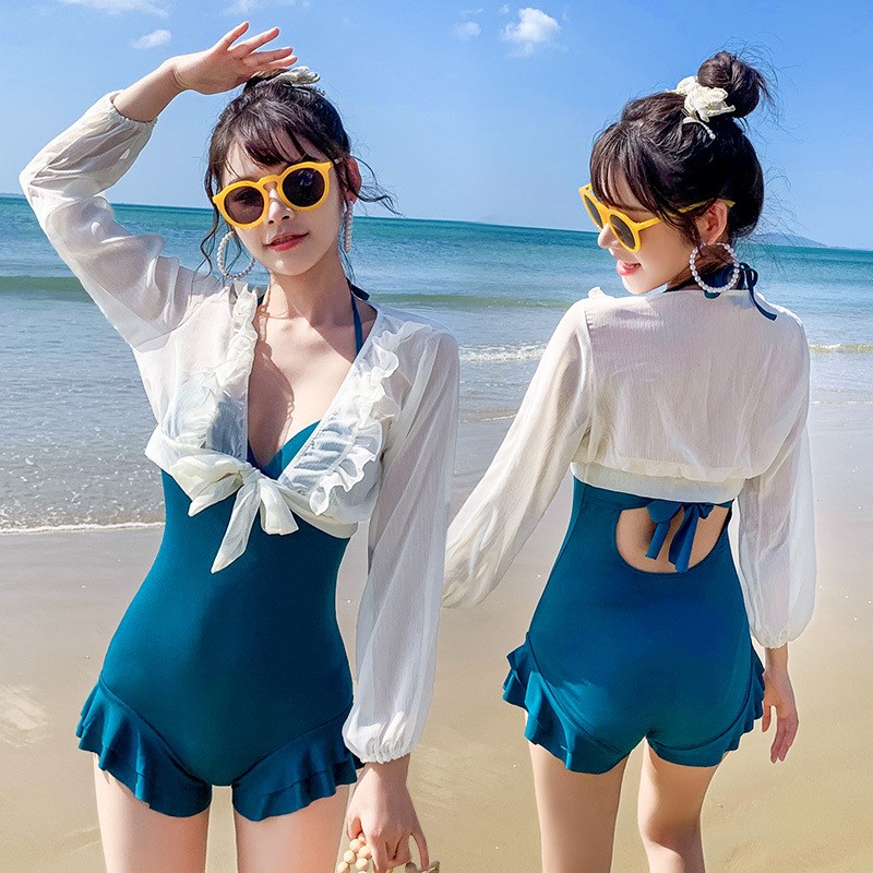 分体泳衣夏季海边度假长袖罩衫遮肉显瘦带钢托性感时尚聚拢泳装女