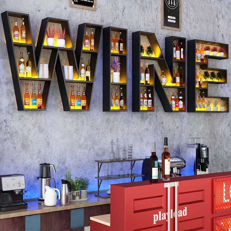 铁艺创意字母酒架挂墙酒吧酒架餐厅壁挂墙上发光装饰架吧台红洒架