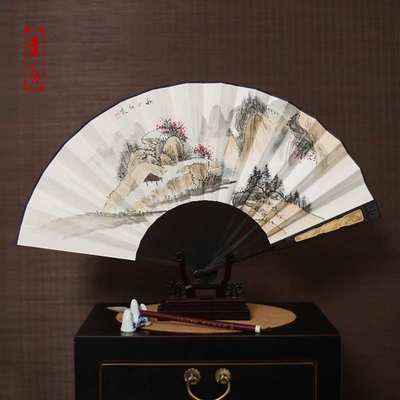 杭扇折扇10寸乌木扇男士折扇黄杨木雕刻扇手绘宣纸扇中国风礼品扇